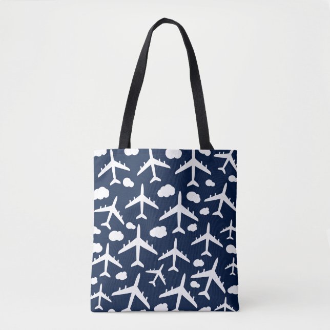 Blue cute flying aeroplanes aircraft pattern desig tote bag (Front)