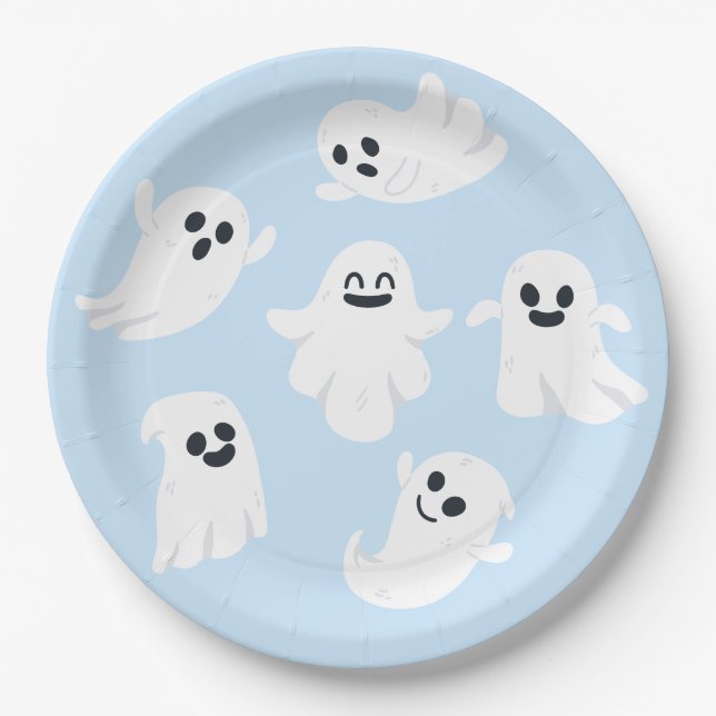 Blue Cute Ghost Halloween Fall Baby Shower Paper Plate (Front)