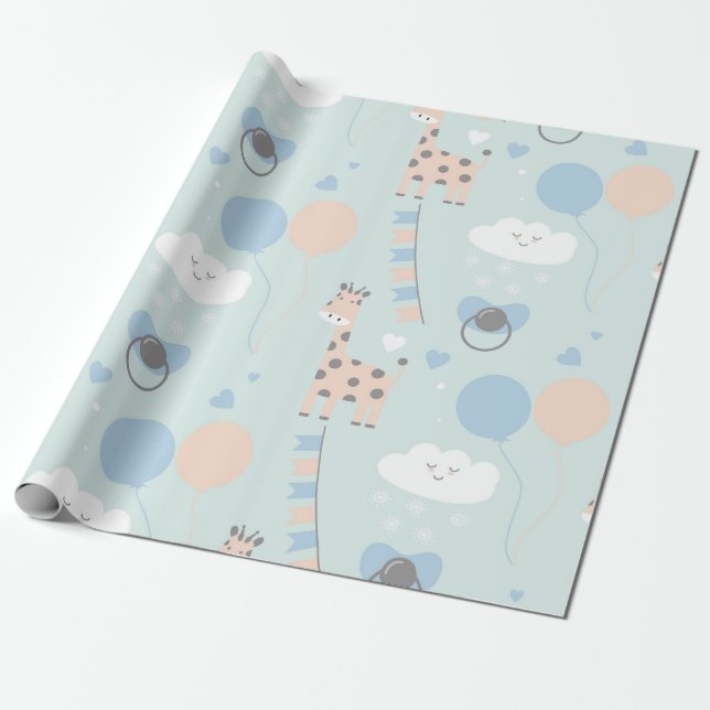 Blue Cute Giraffe Baby Shower Pattern Wrapping Paper (Unrolled)