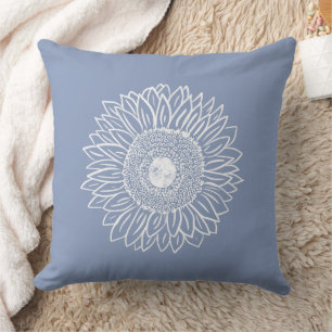 Blue Cute Graphic Sunflower Sketch Floral Cushion