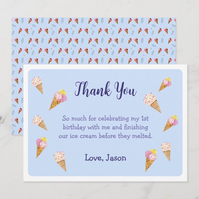 Blue Cute Ice Cream Cone Party Boy Birthday Thank You Card (Front/Back)