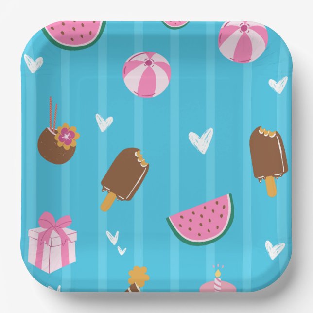 Blue cute illustrations Paper Plate (Front)