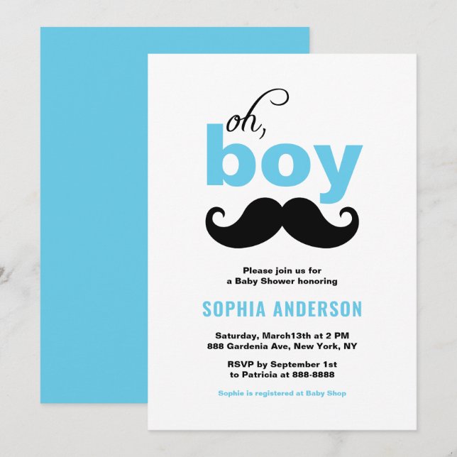 Blue Cute It's a Boy Moustache Baby Shower Invitation (Front/Back)