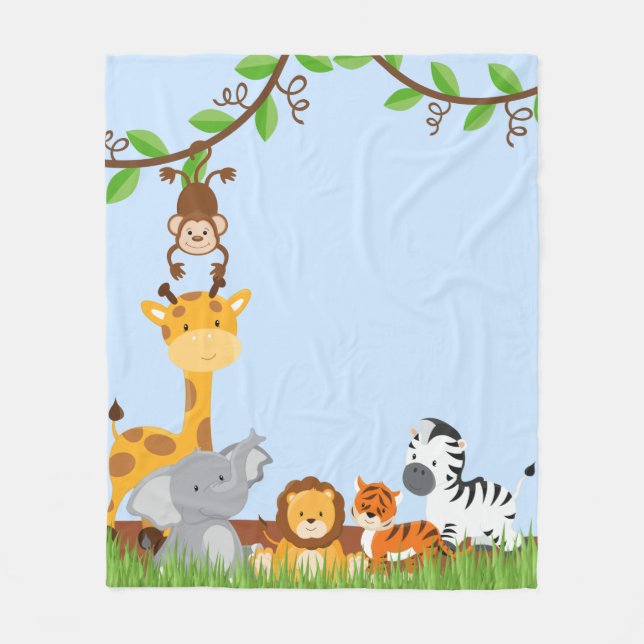 Blue Cute Jungle Baby Animal Fleece Blanket (Front)