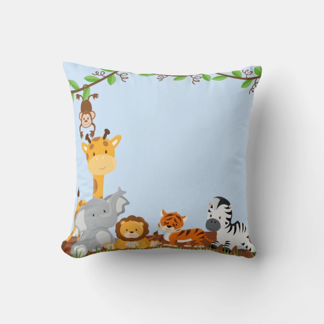 Blue Cute Jungle Baby Animals Pillow (Front)