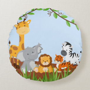 Blue Cute Jungle Baby Animals Round Pillow
