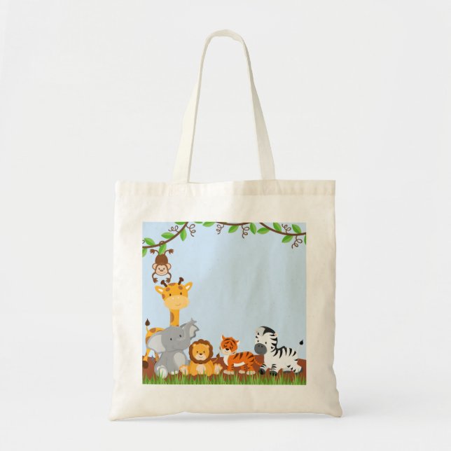 Blue Cute Jungle Baby Animals Tote Bags (Front)