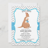 Blue Cute Kangaroo Glitter Chevron Baby Shower