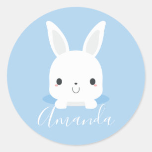 Blue Cute Little Bunny Rabbit with Custom Name Classic Round Sticker