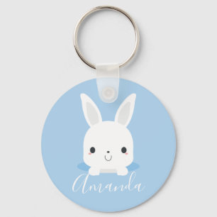 Blue Cute Little Bunny Rabbit with Custom Name Key Ring