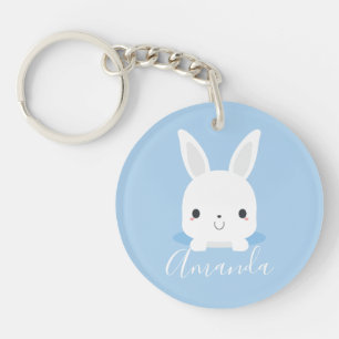 Blue Cute Little Bunny Rabbit with Custom Name Key Ring