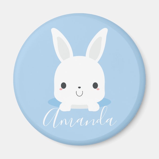 Blue Cute Little Bunny Rabbit with Custom Name Magnet (Front)