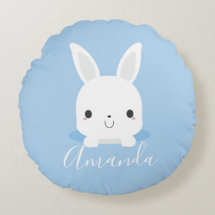 Blue Cute Little Bunny Rabbit with Custom Name Round Cushion