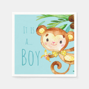 Blue Cute Monkey Baby Boy Announcement 2 Napkin