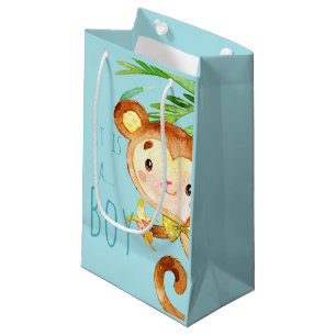 Blue Cute Monkey Baby Boy Announcement 2 Small Gift Bag