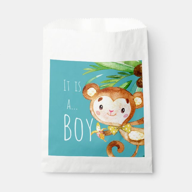 Blue Cute Monkey Baby Boy Announcement Favour Bags (Front)