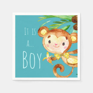 Blue Cute Monkey Baby Boy Announcement Napkin