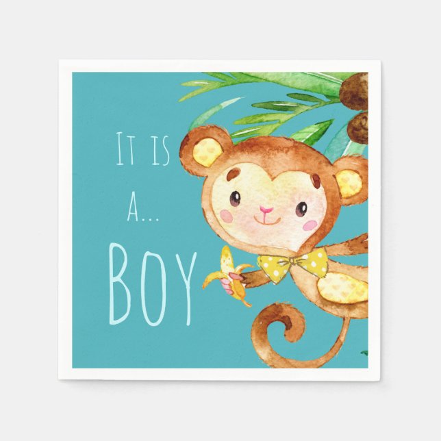 Blue Cute Monkey Baby Boy Announcement Napkin (Front)