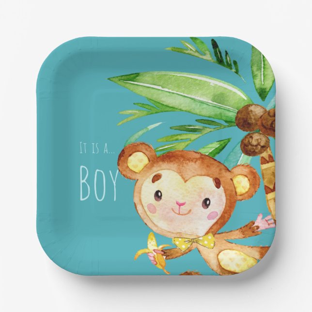 Blue Cute Monkey Baby Boy Announcement Paper Plate (Front)