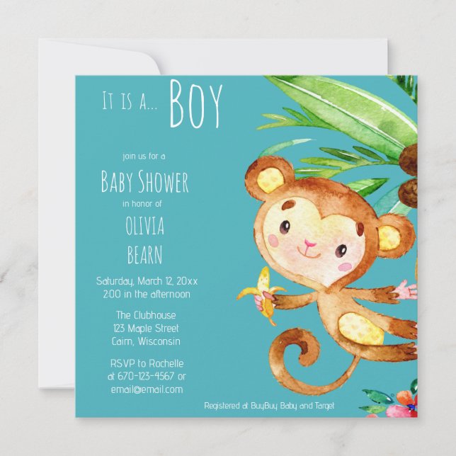 Blue Cute Monkey Baby Boy  Invitation (Front)