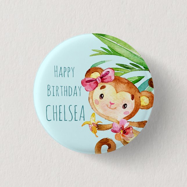 Blue Cute Monkey Personalised Happy Birthday 3 Cm Round Badge (Front)