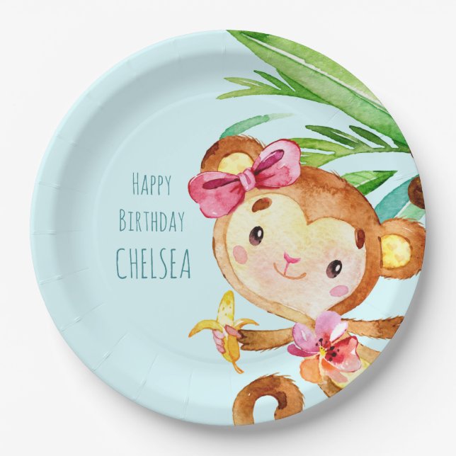 Blue Cute Monkey Personalised Happy Birthday Paper Plate (Front)