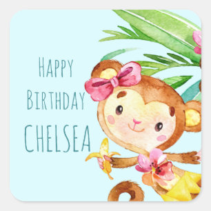 Blue Cute Monkey Personalised Happy Birthday Square Sticker