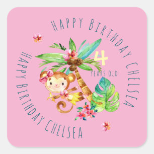Blue Cute Monkey Personalised Happy Birthday Square Sticker