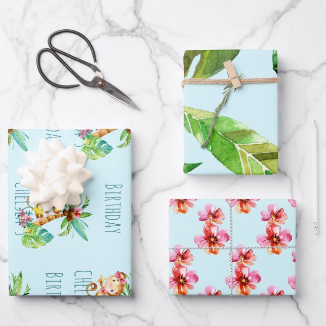 Blue Cute Monkey Personalised Happy Birthday Wrapping Paper Sheet (Front)