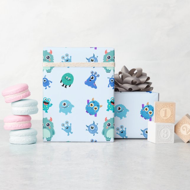 Blue Cute Monster Kids Gift Wrap for Boys (Baby Shower)