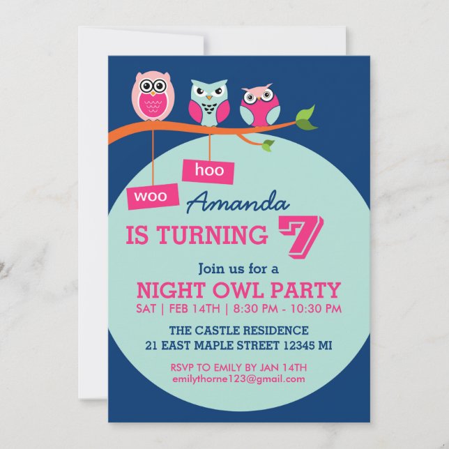 Blue Cute Owl Polka Dots Birthday Invitation (Front)