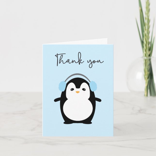 Blue Cute Penguin Baby Photo Thank You Announcement (Front)