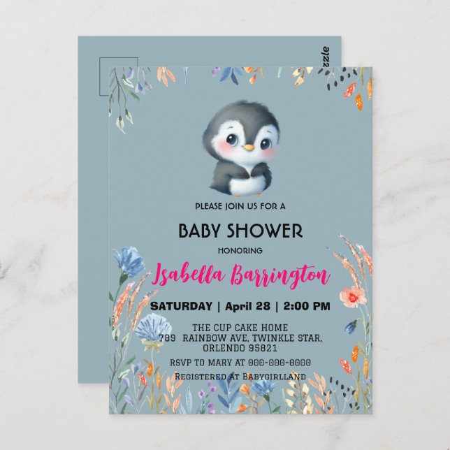 Blue Cute penguin sweet flower baby shower kids Postcard (Front/Back)