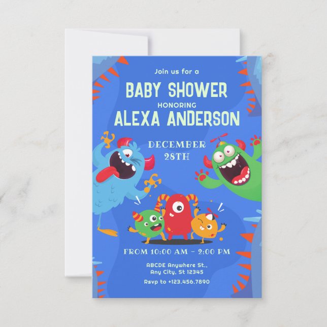 Blue Cute playful Monster Character baby shower Invitation (Front)