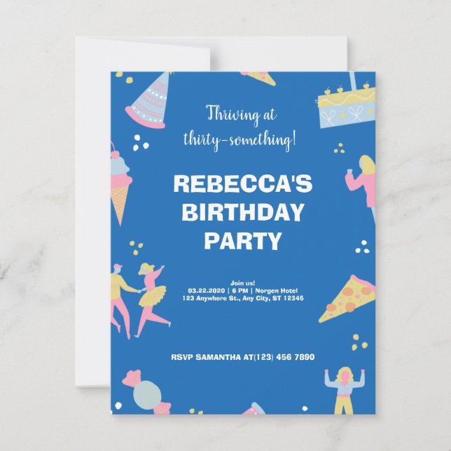 Blue cute & quirky ice cream pizza birthday party invitation (Front)