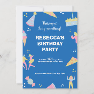 Blue cute & quirky ice cream pizza birthday party  invitation