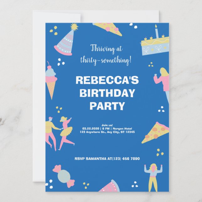 Blue cute & quirky ice cream pizza birthday party  invitation (Front)