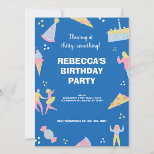 Blue cute & quirky ice cream pizza birthday party  invitation
