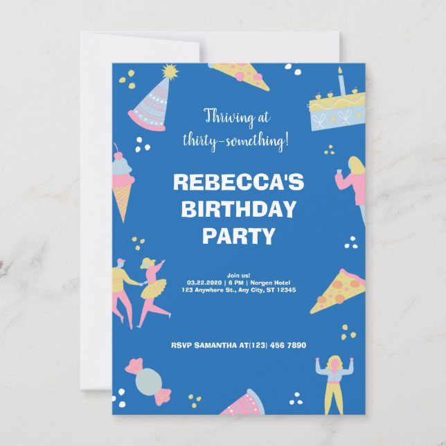 Blue cute & quirky ice cream pizza birthday party invitation (Front)