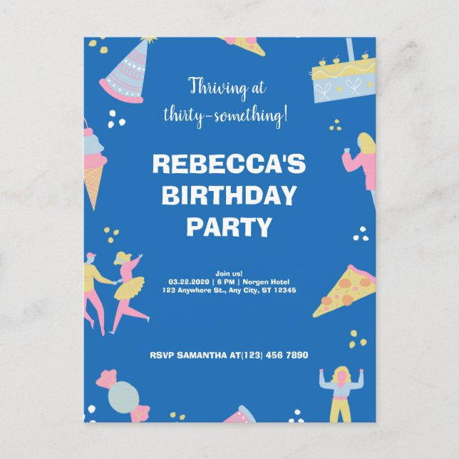 Blue cute & quirky ice cream pizza birthday party invitation postcard (Front)