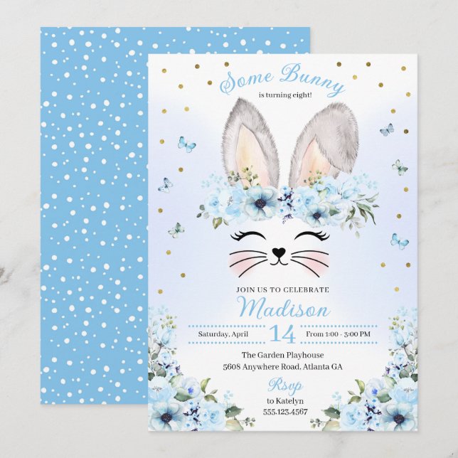 Blue Cute Rabbit Ears Floral Easter Birthday Invitation (Front/Back)
