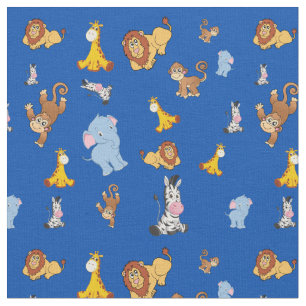 blue Cute safari animal pattern - Giraffe, elephan Fabric