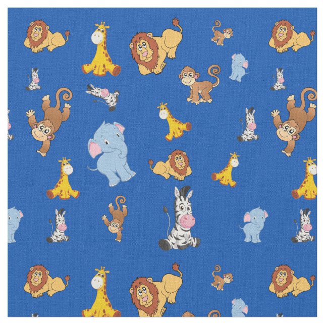 blue Cute safari animal pattern - Giraffe, elephan Fabric (Close Up)