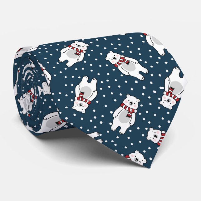 Blue cute snow polar bear pattern tie (Rolled)