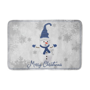 Blue Cute Snowman Holiday Bath Mat