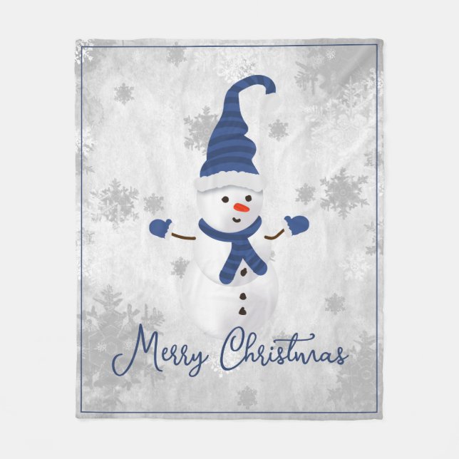 Blue Cute Snowman Holiday Fleece Blanket (Front)