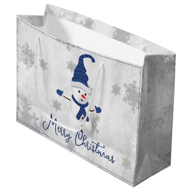Blue Cute Snowman Holiday Gift Bag (Front Angled)