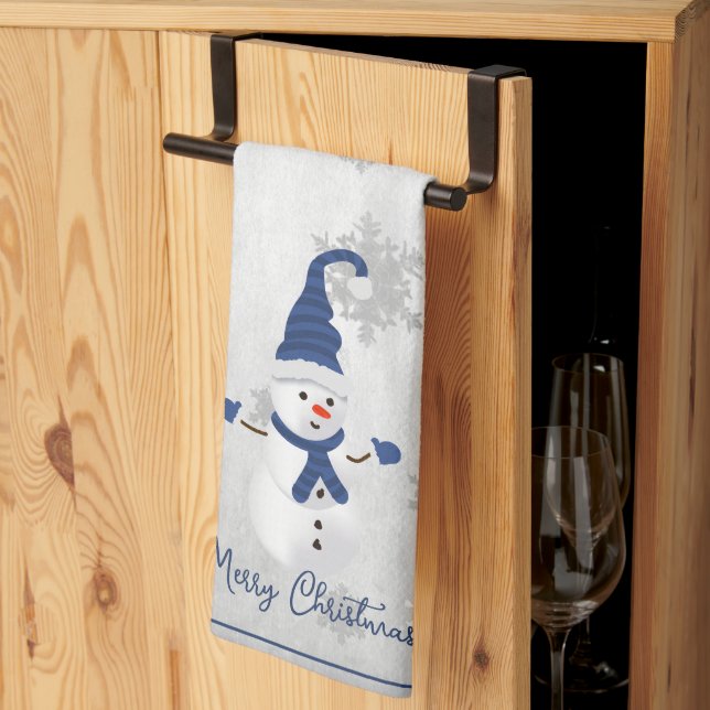 Blue Cute Snowman Holiday Kitchen Towel (Thirds Fold)