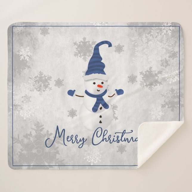 Blue Cute Snowman Holiday Sherpa Blanket (Front (Horizontal))
