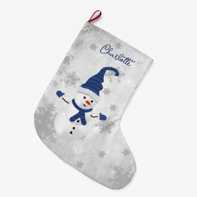 Blue Cute Snowman Holiday Stocking (Front (Hanging))